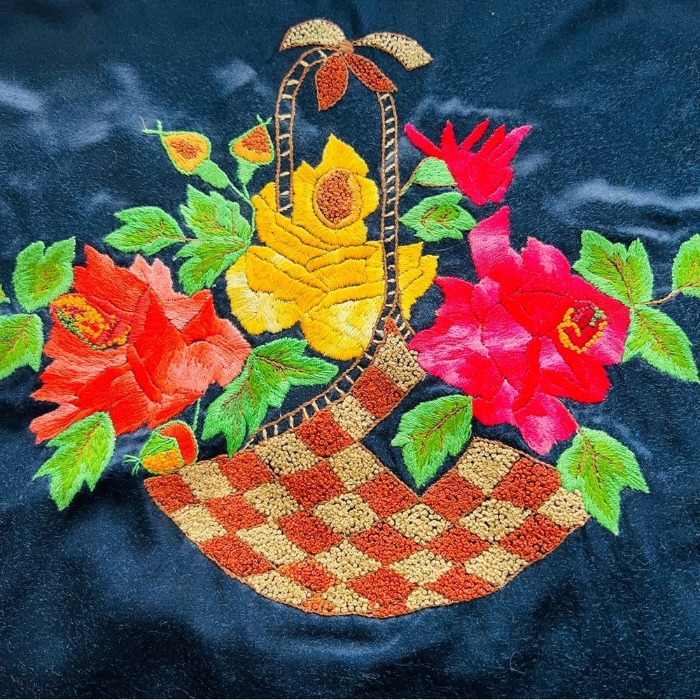 Vintage Hand-Embroidered Floral Basket 11”x15” on 19”x35” cotton fabric.